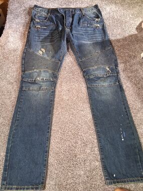 Men's Balmain Paris  Slim Straight Distressed  Moto Style Jeans Blue Denim